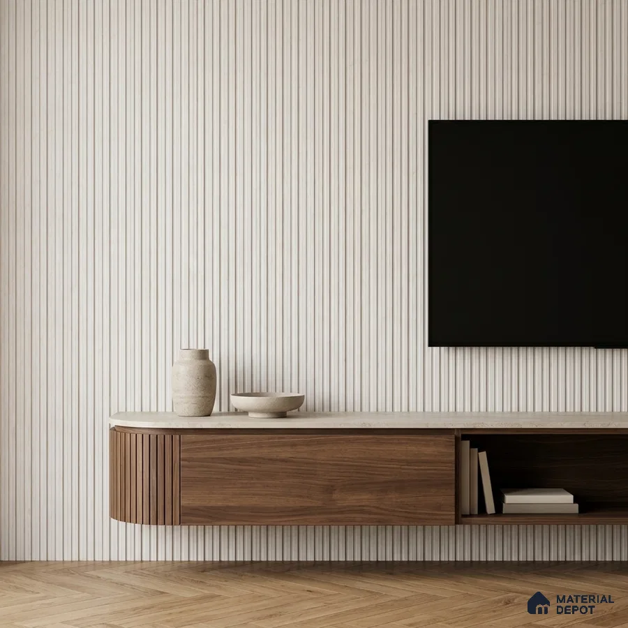 Minimalist TV unit with walnut wood laminate, fluted wall panels, and herringbone wooden flooring
