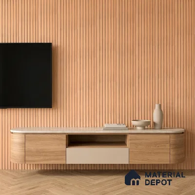 Scandinavian TV unit with light oak wood laminate, fluted wall panels, and marble-look laminate top