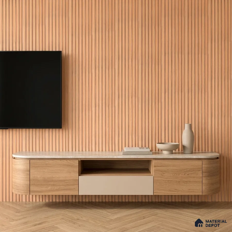 Scandinavian TV unit with light oak wood laminate, fluted wall panels, and marble-look laminate top