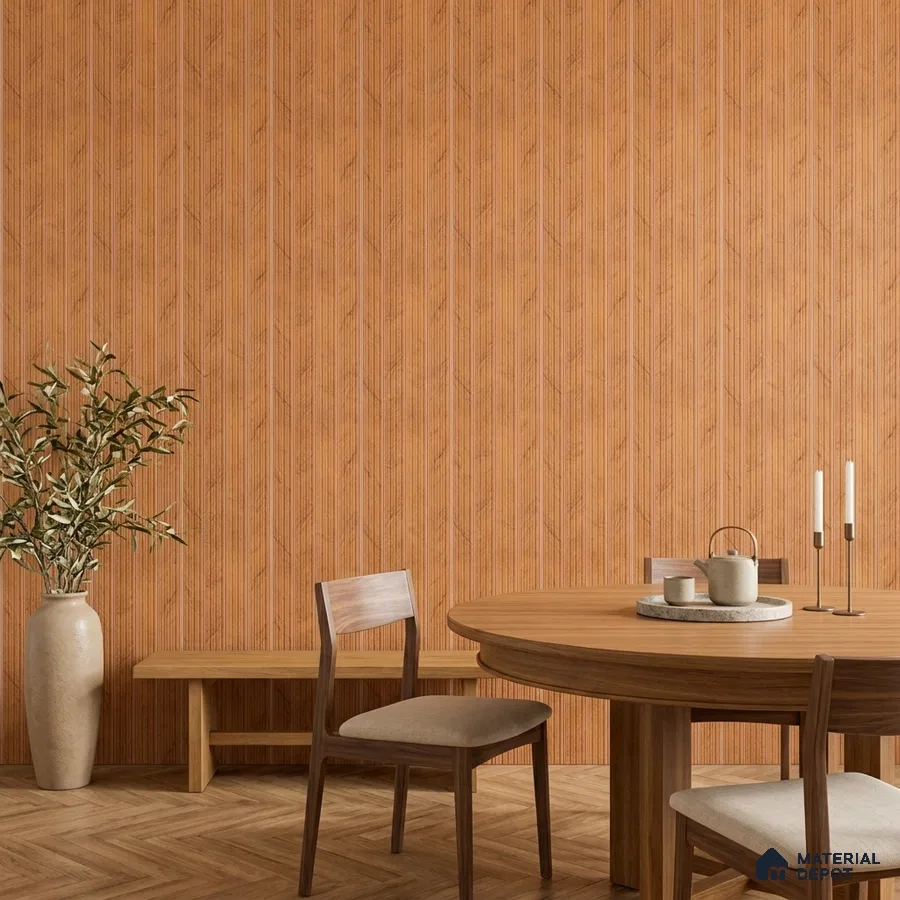Scandinavian dining room with oak wood wall panels and herringbone wooden flooring
