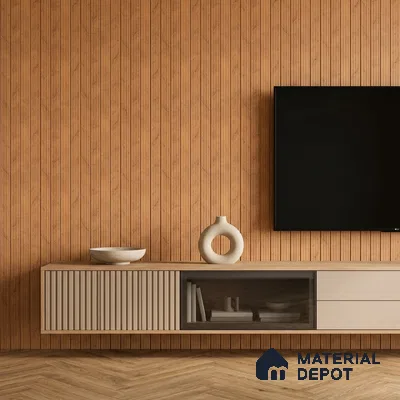 Minimalist TV unit with oak wood fluted wall panels and beige laminate floating cabinet