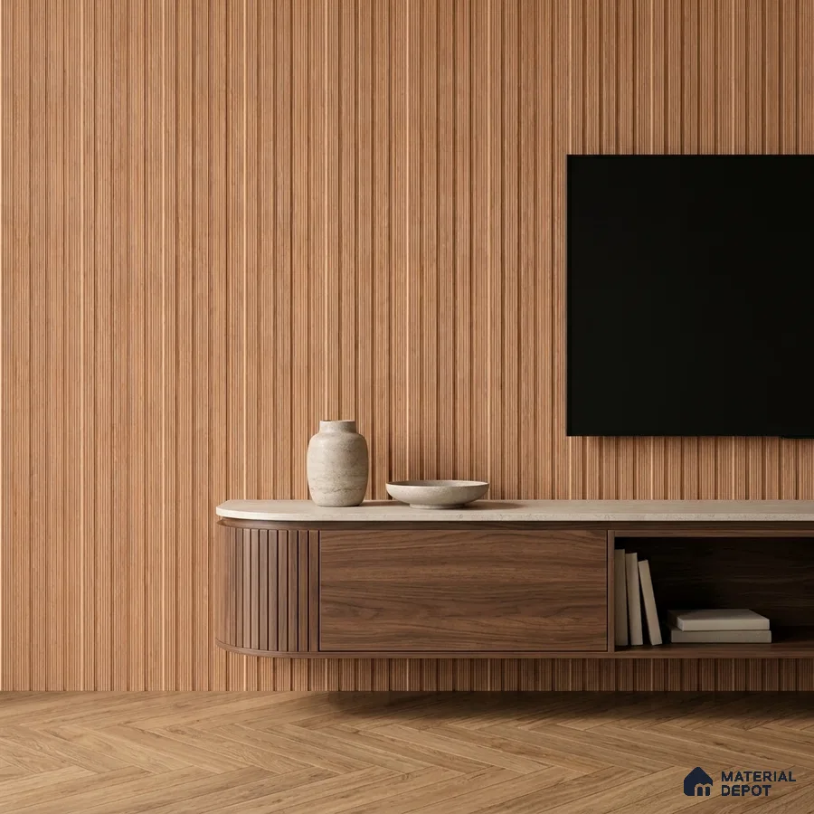 Minimalist TV unit with walnut wood laminate, fluted wall panels, and herringbone wooden flooring