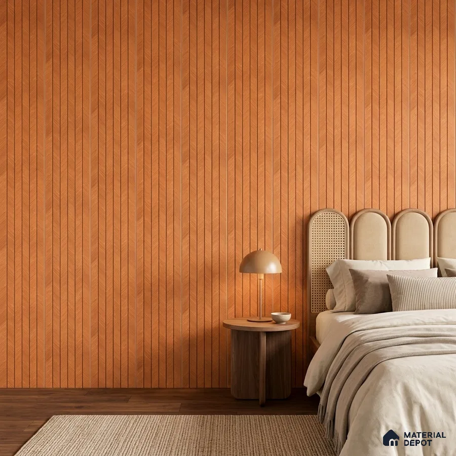 Scandinavian bedroom with chevron wood wall panels and cane upholstered headboard