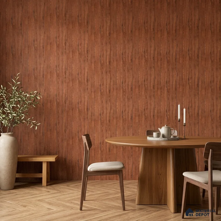 Japandi dining room with walnut fluted wall panels and herringbone wood flooring