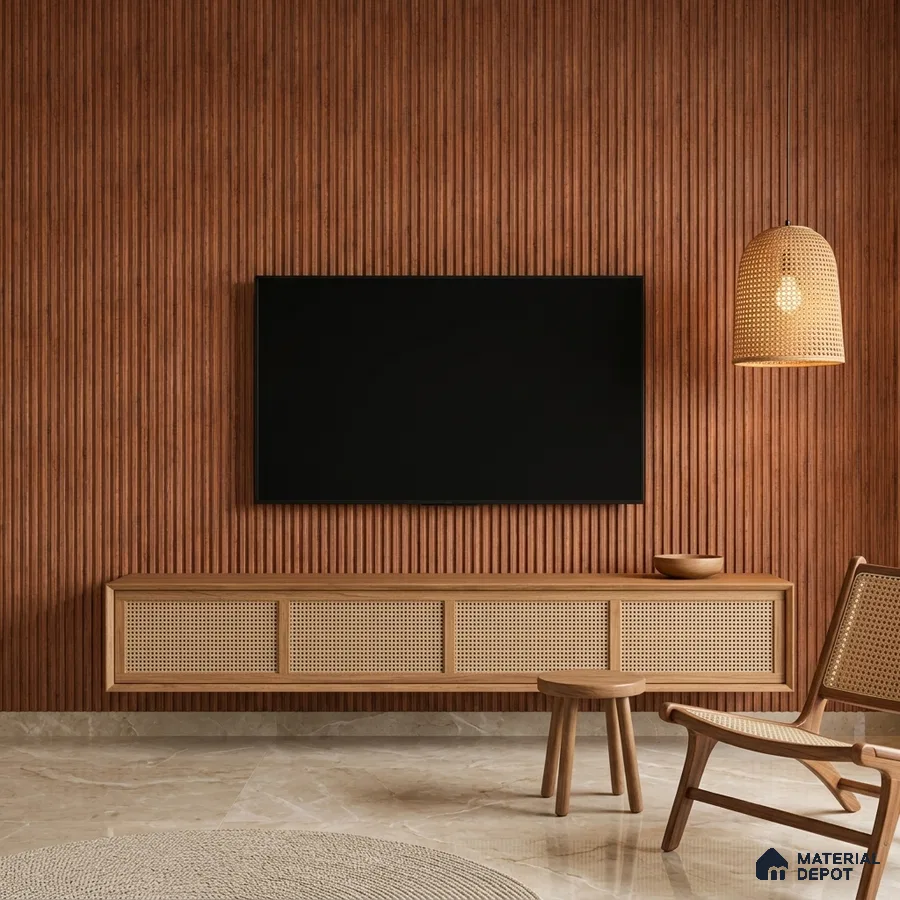Scandinavian TV unit with walnut brown fluted wall panels and cane-front floating cabinet