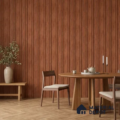 Japandi dining room with walnut wood fluted wall panels and light oak herringbone wooden flooring