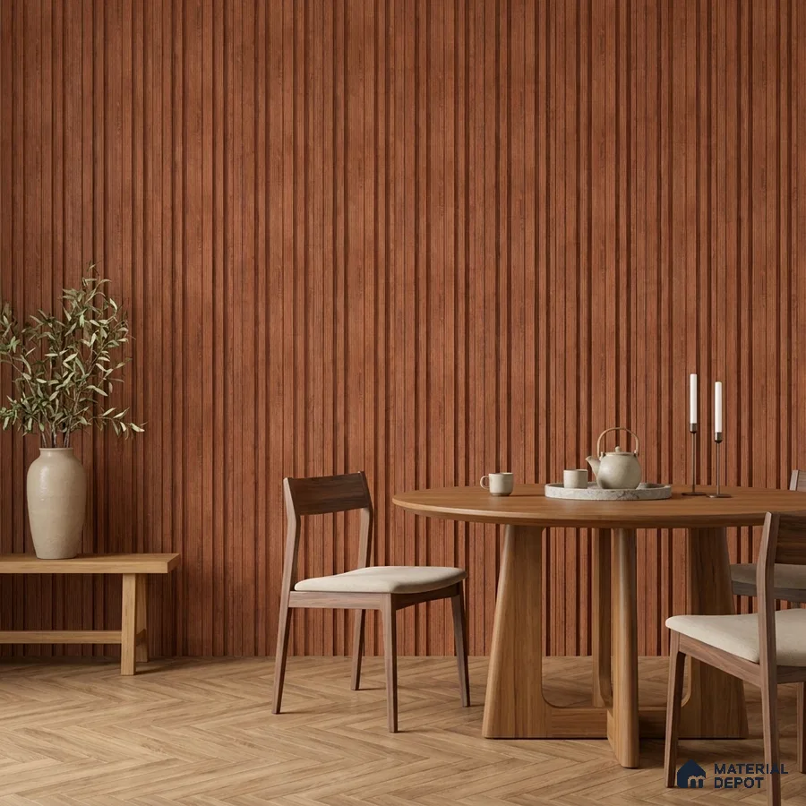 Japandi dining room with walnut wood fluted wall panels and light oak herringbone wooden flooring