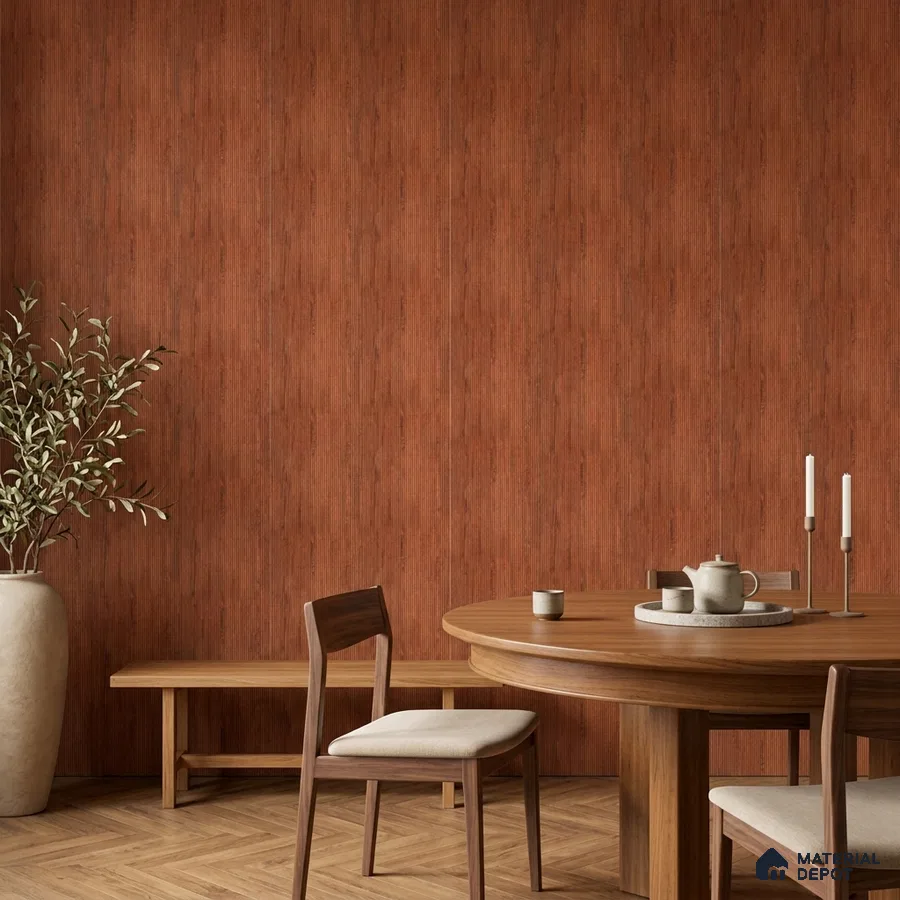 Japandi dining room with teak wood laminate wall panels and herringbone wood flooring
