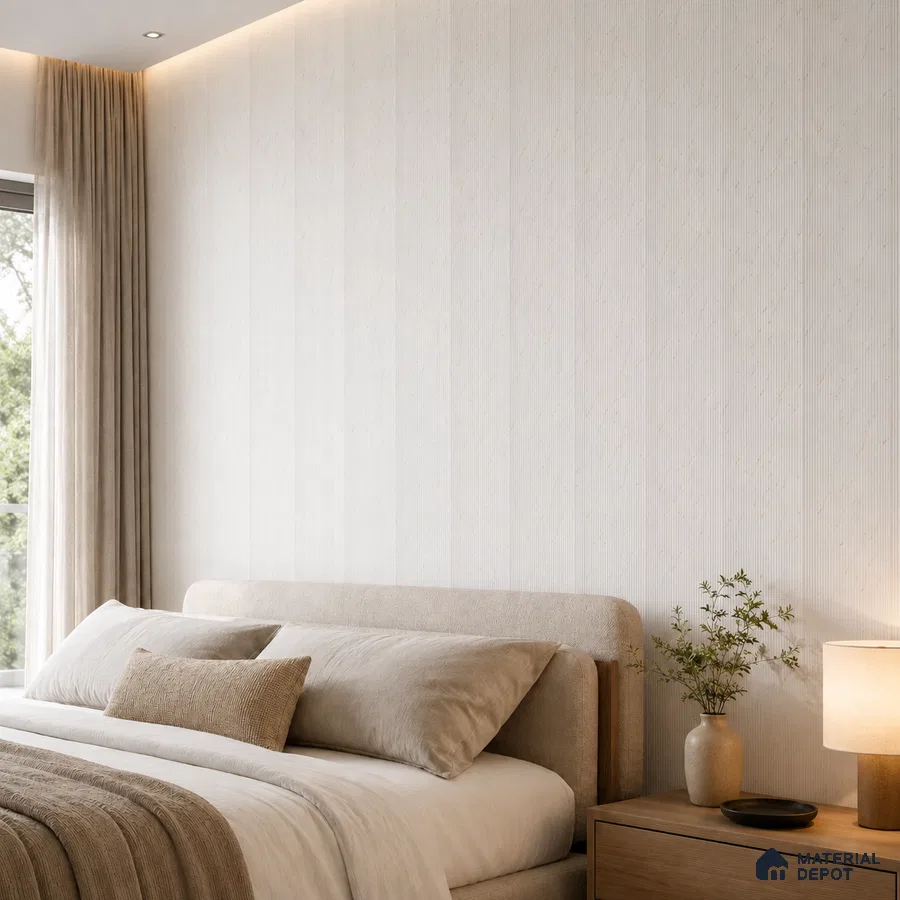 Minimalist bedroom with beige fabric headboard, light wood nightstand, and textured off-white wall panels