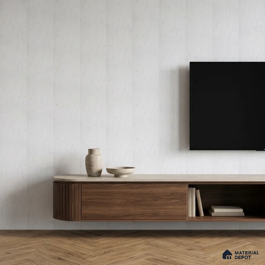 Minimalist TV unit with walnut wood laminate, beige marble laminate top, and herringbone wooden floor tile