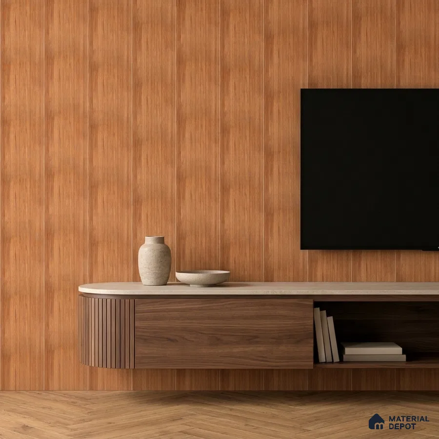 Minimalist TV unit with walnut wood laminate, fluted panels, and herringbone wooden flooring