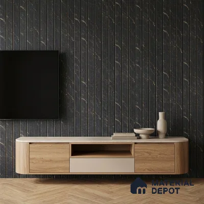 Modern TV unit with oak wood laminate, beige laminate, and black fluted marble-look wall panel