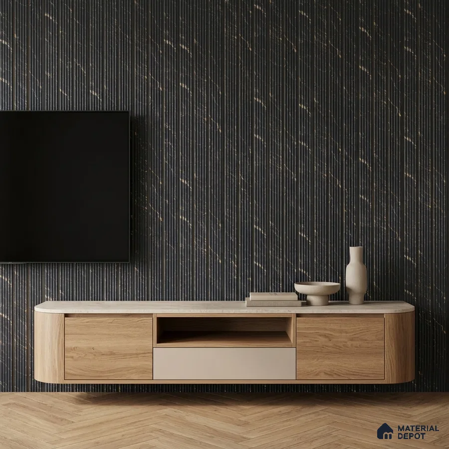 Modern TV unit with oak wood laminate, beige laminate, and black fluted marble-look wall panel