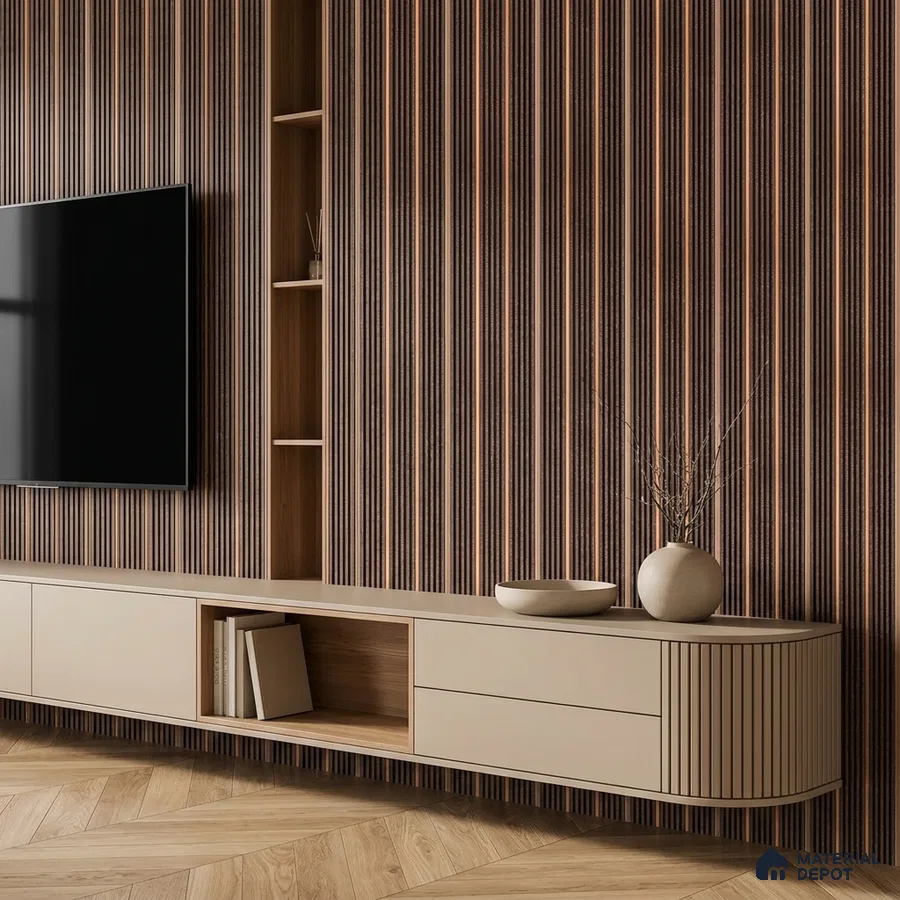 Modern TV unit with walnut brown fluted wall panels and beige matte laminate cabinet