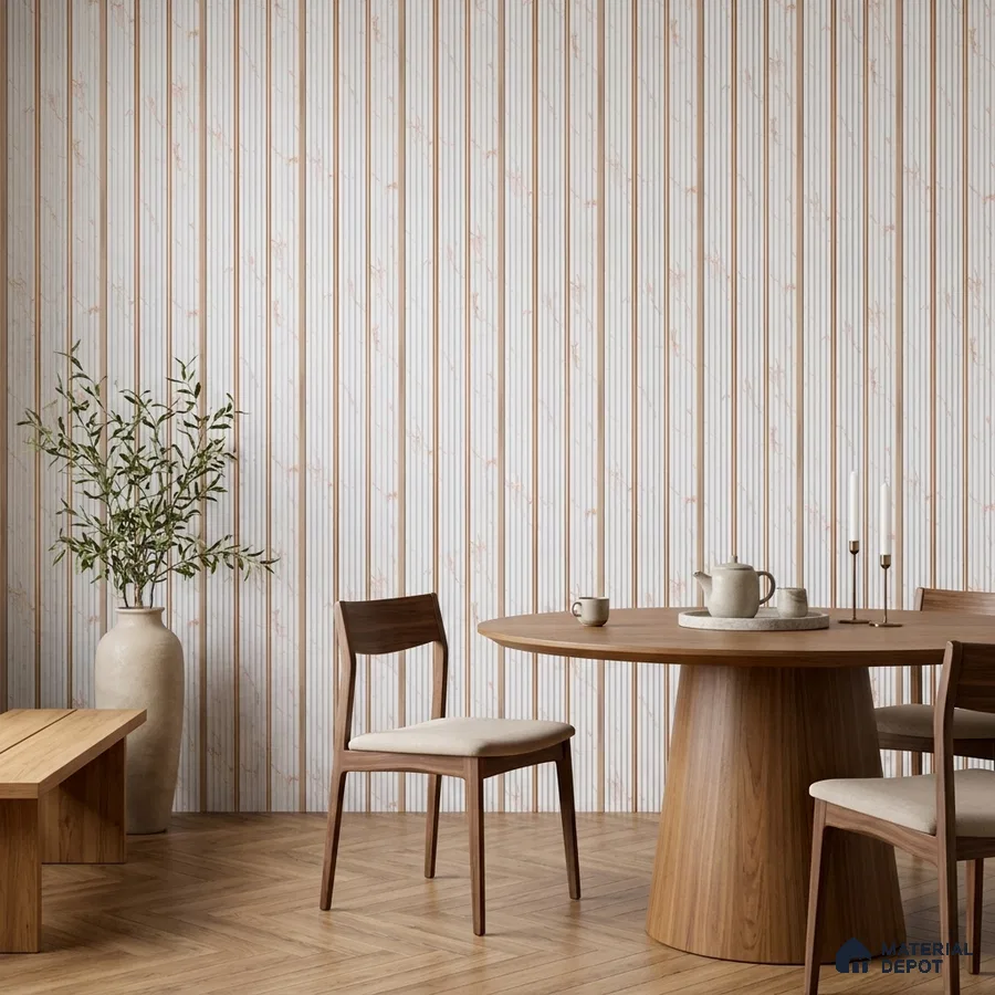 Scandinavian dining room with wood veneer table, chevron wood flooring, and marble-look fluted wall panels