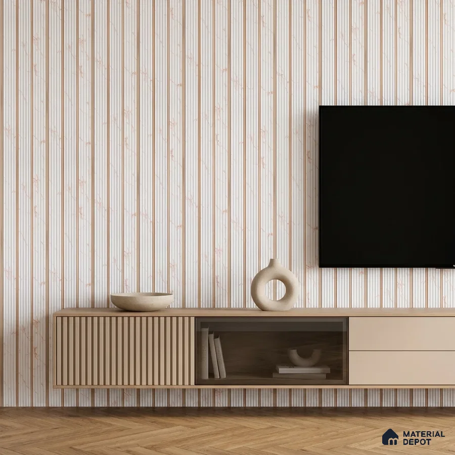 Minimalist TV unit with beige fluted laminate, marble-look fluted wall panels, and herringbone wood flooring