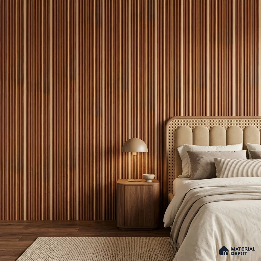 Japandi bedroom with walnut wood fluted wall panels and beige suede upholstered bed