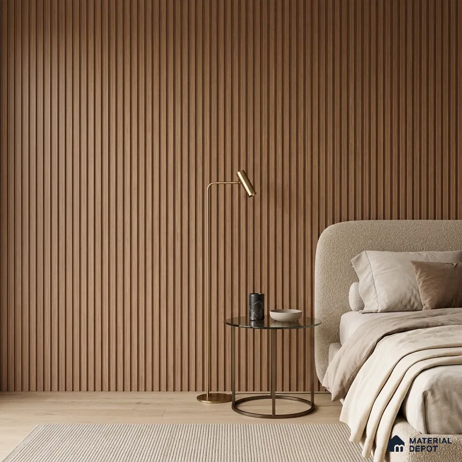 Japandi bedroom with natural wood fluted wall panels and beige suede upholstered bed