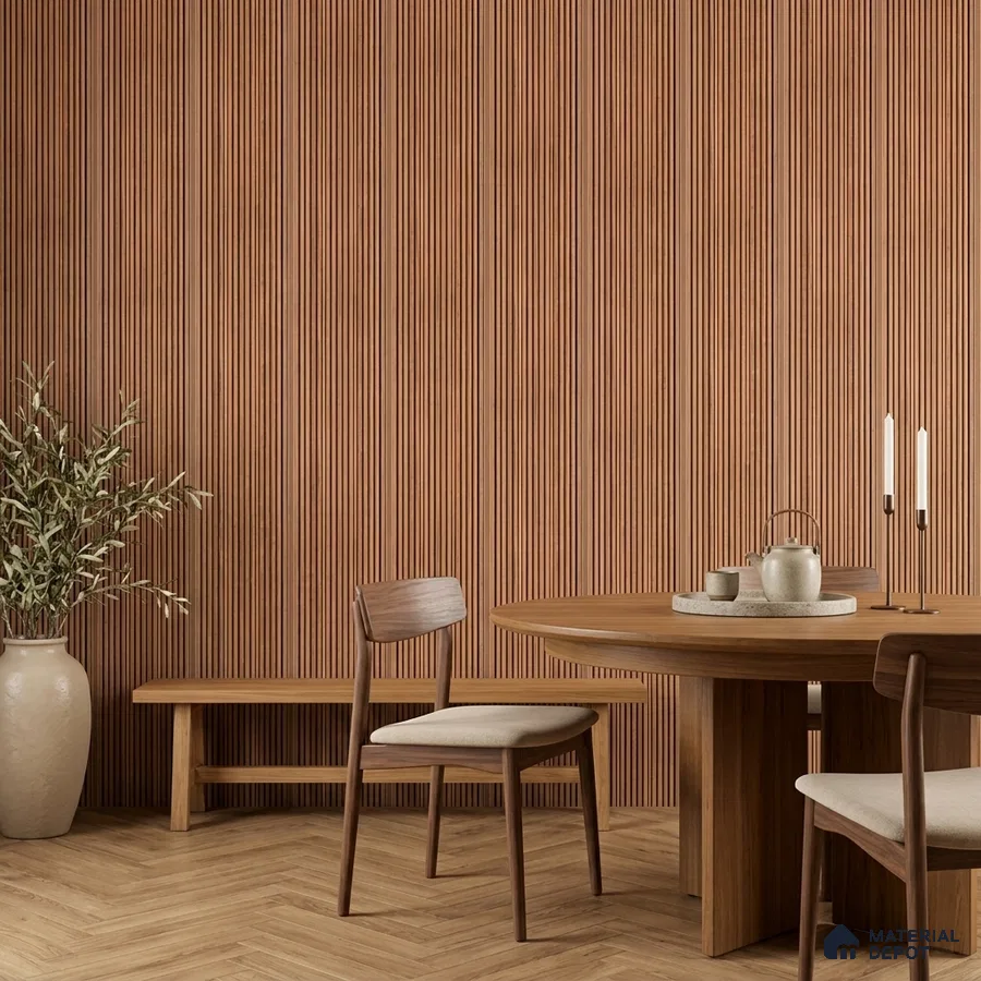 Japandi dining room with walnut fluted wall panels and herringbone wood flooring