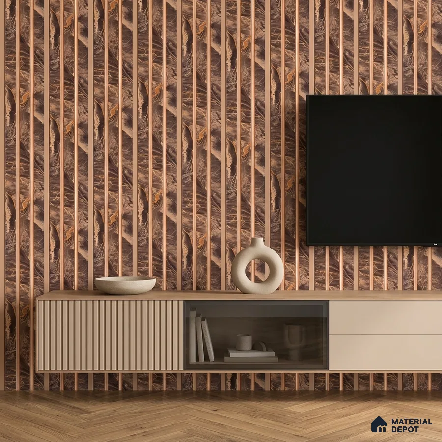Modern TV unit with marble-look laminate, beige fluted laminate, and wood louver accent wall