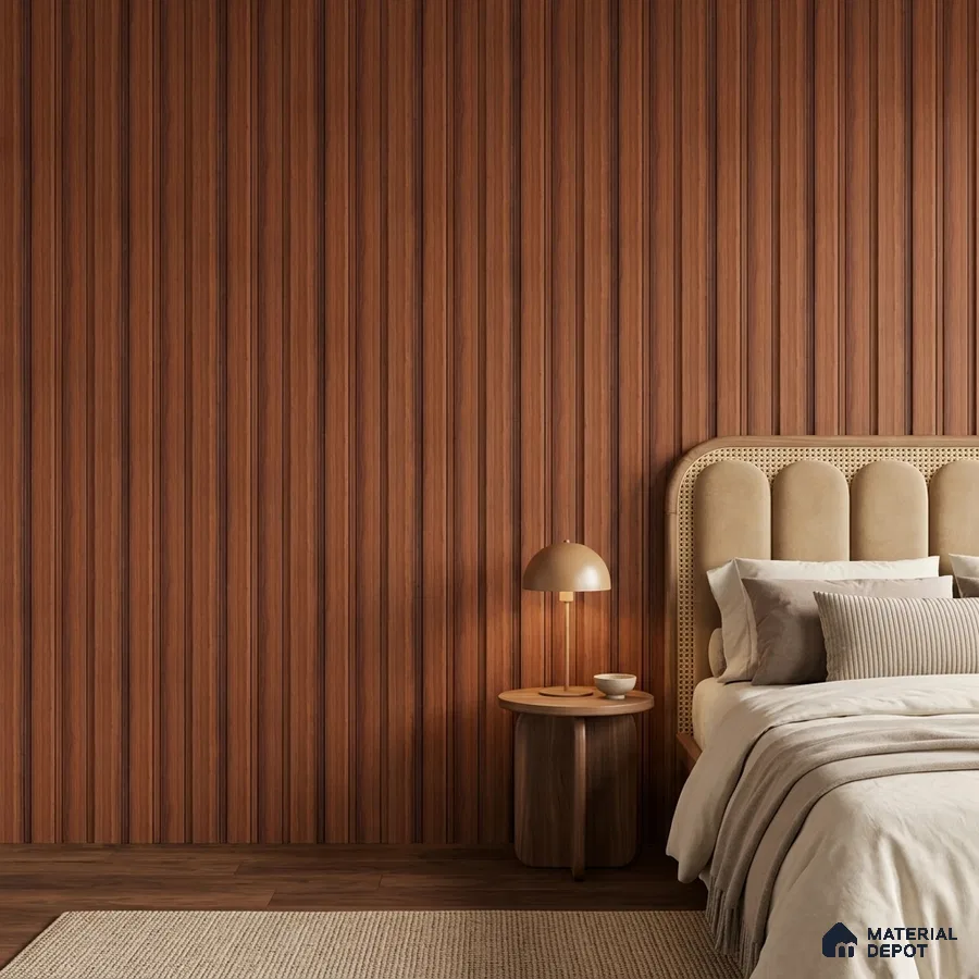 Japandi bedroom with walnut brown fluted wall panels and beige suede upholstered bed