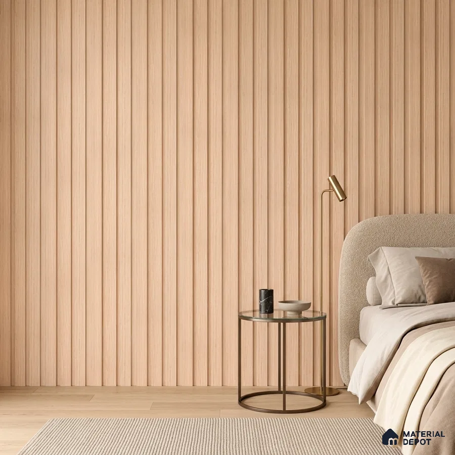 Japandi bedroom with light oak fluted wall panels and beige boucle upholstered bed