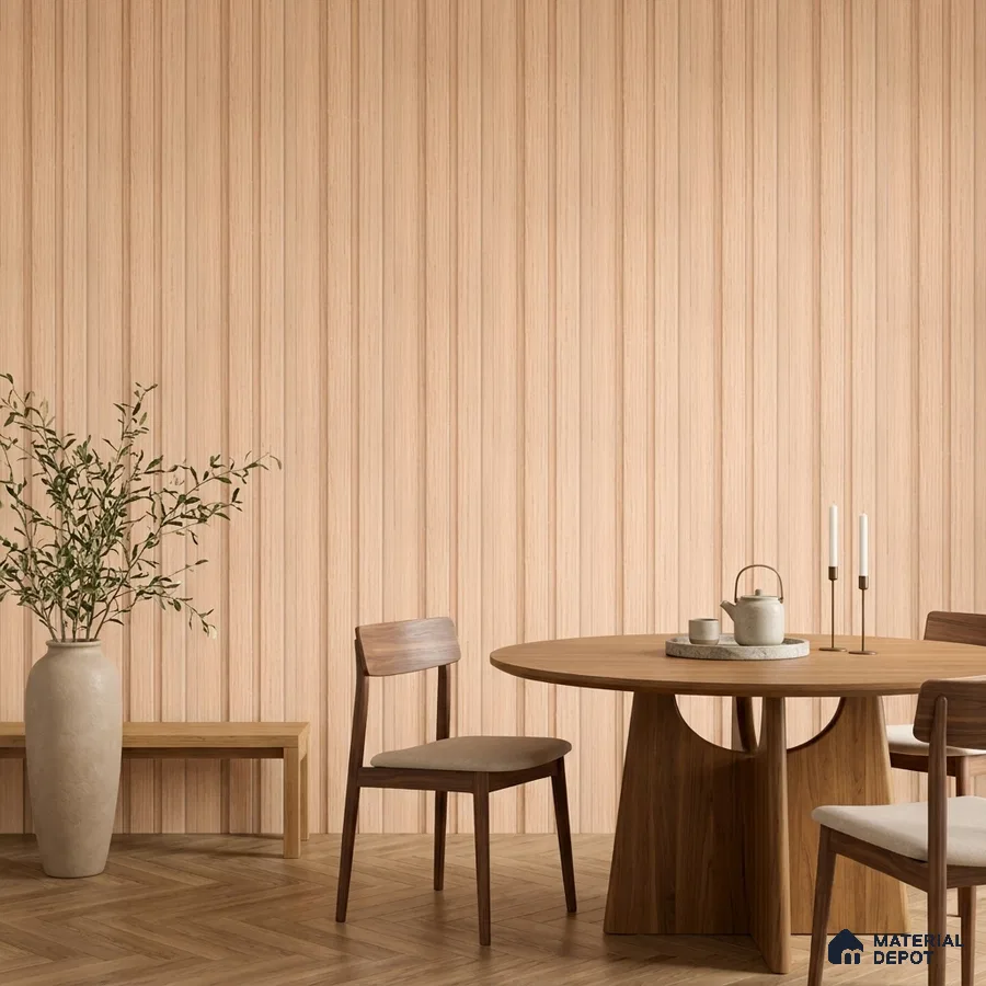 Scandinavian dining room with light wood fluted wall panels and herringbone wooden flooring