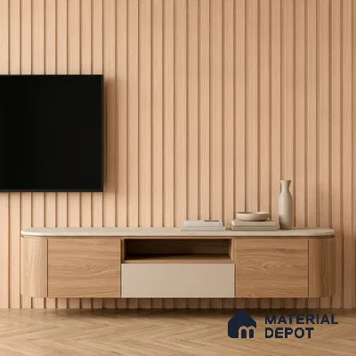 Scandinavian TV unit with light oak wood laminate, beige solid laminate, and fluted wood wall panels