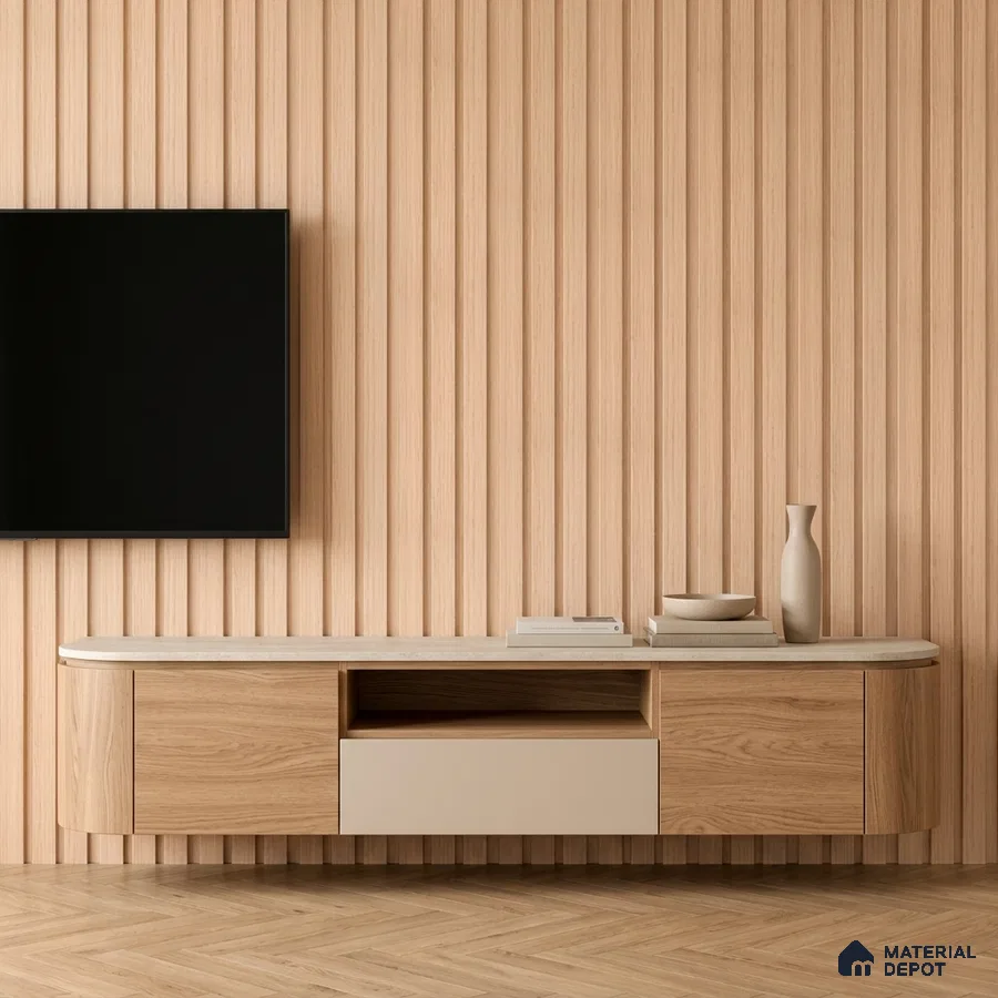 Scandinavian TV unit with light oak wood laminate, beige solid laminate, and fluted wood wall panels