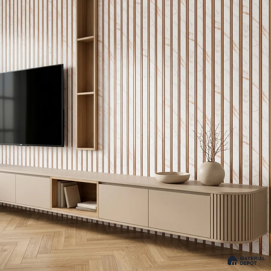 Modern TV unit with beige laminate, marble-look laminate wall, and light oak herringbone flooring