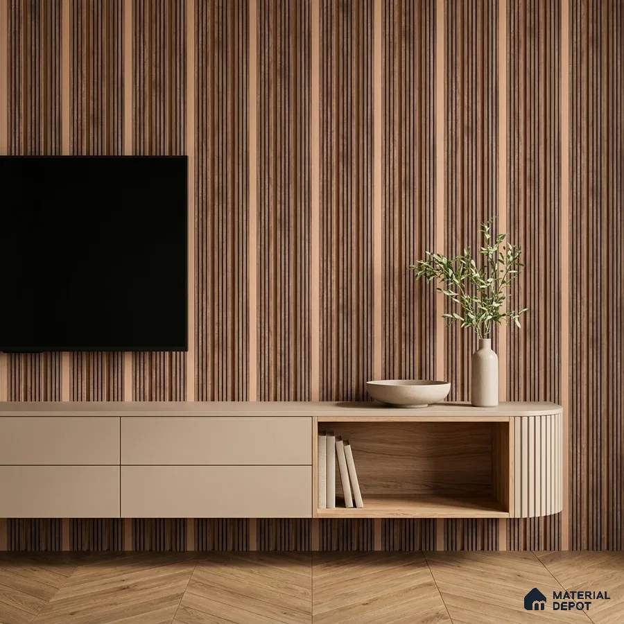 Modern TV unit with beige laminate, walnut wood fluted wall panels, and herringbone wooden floor tile