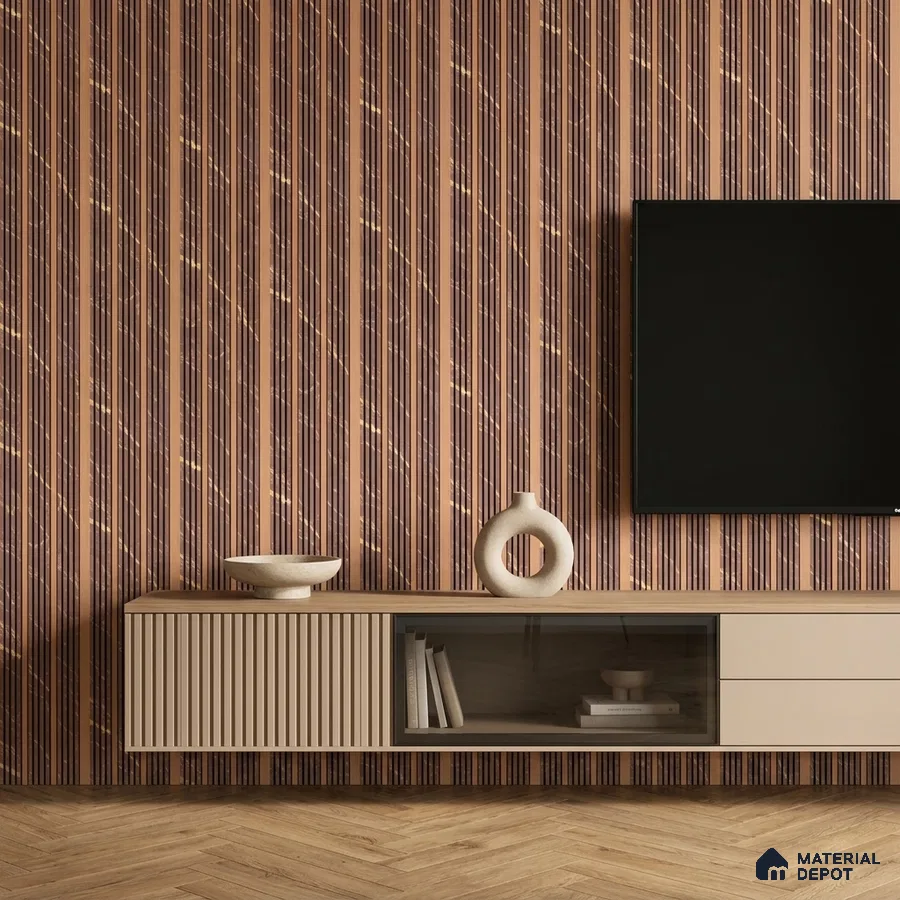 Modern TV unit with beige fluted laminate, geometric tile, and herringbone wooden flooring