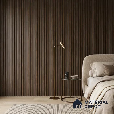 Japandi bedroom with walnut brown fluted wall panels and beige boucle upholstered bed