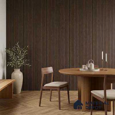 Japandi dining room with walnut wood fluted wall panels and herringbone wood flooring