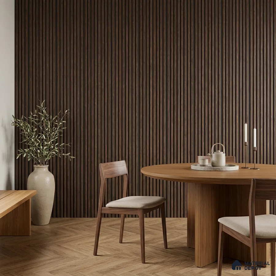 Japandi dining room with walnut wood fluted wall panels and herringbone wood flooring