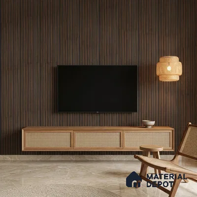 Japandi living room with walnut fluted wall panels, cane TV unit, and beige marble floor tile