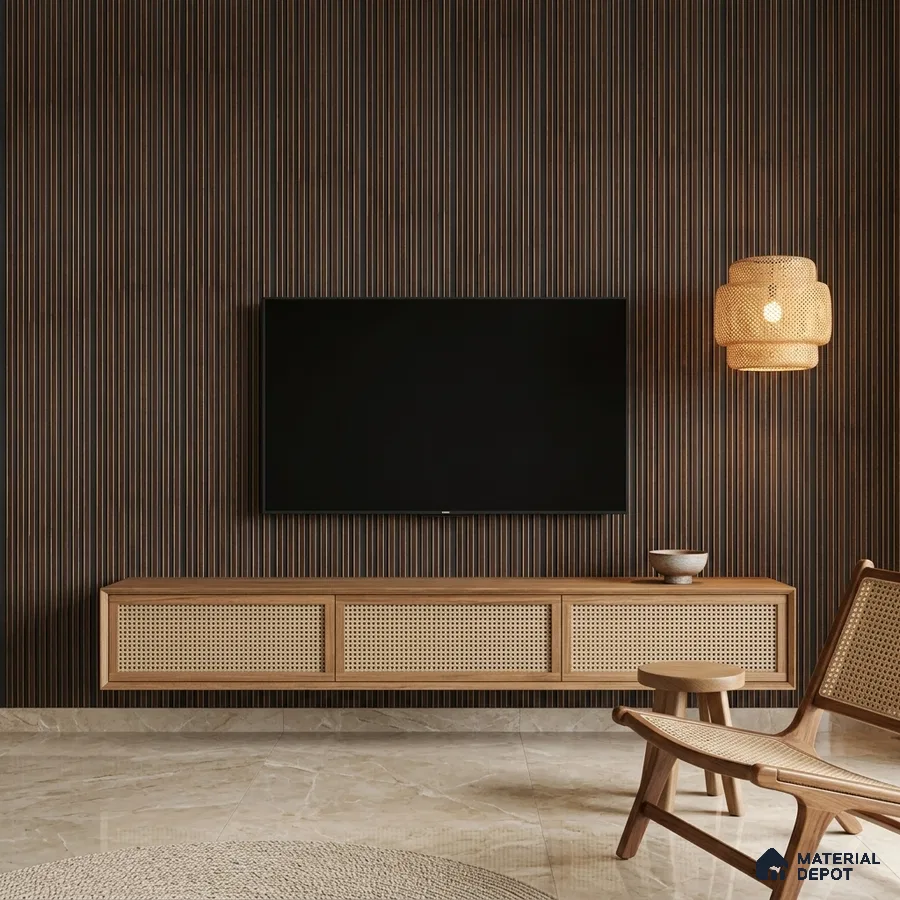 Japandi living room with walnut fluted wall panels, cane TV unit, and beige marble floor tile