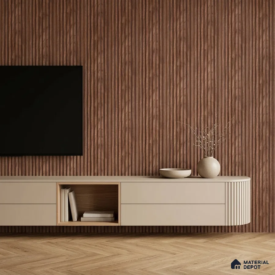 Minimalist TV unit with walnut brown fluted wall panels and beige matte laminate cabinet