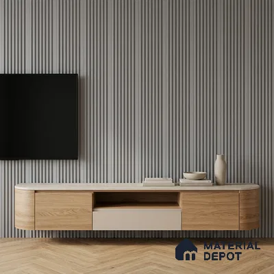 Minimalist TV unit with light oak laminate, beige laminate, and grey fluted wall panels