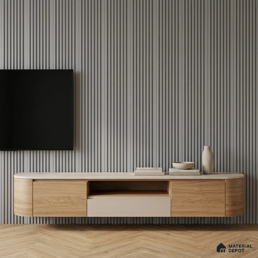 Minimalist TV unit with light oak laminate, beige laminate, and grey fluted wall panels