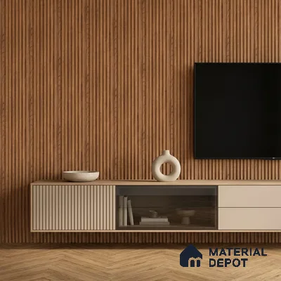 Minimalist TV unit with walnut wood fluted wall panels and beige laminate floating cabinet