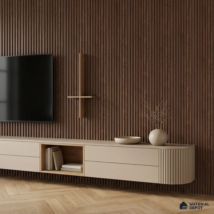 Minimalist TV unit with walnut brown fluted wall panels and beige matte laminate cabinet