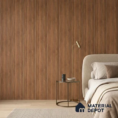 Minimalist bedroom with walnut brown fluted wood wall panels and beige upholstered bed