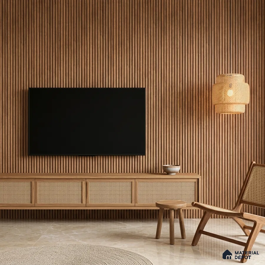 Japandi TV unit with oak wood fluted wall panels and cane-front cabinet