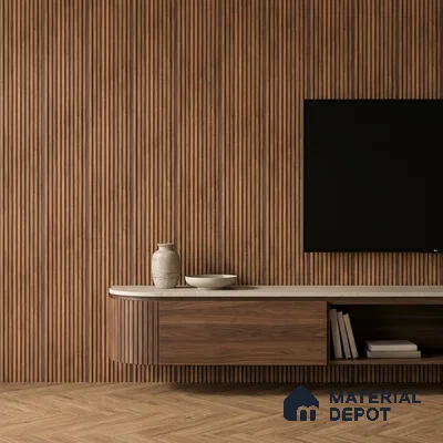 Minimalist TV unit with walnut wood fluted wall panels and beige stone countertop