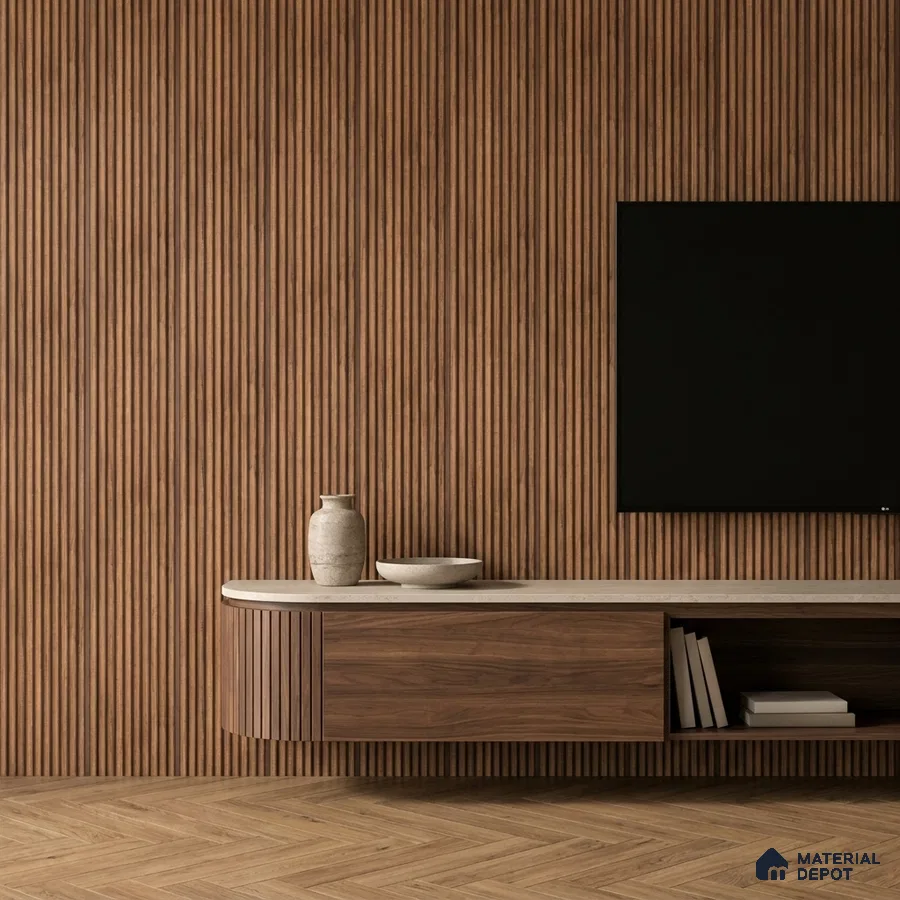 Minimalist TV unit with walnut wood fluted wall panels and beige stone countertop