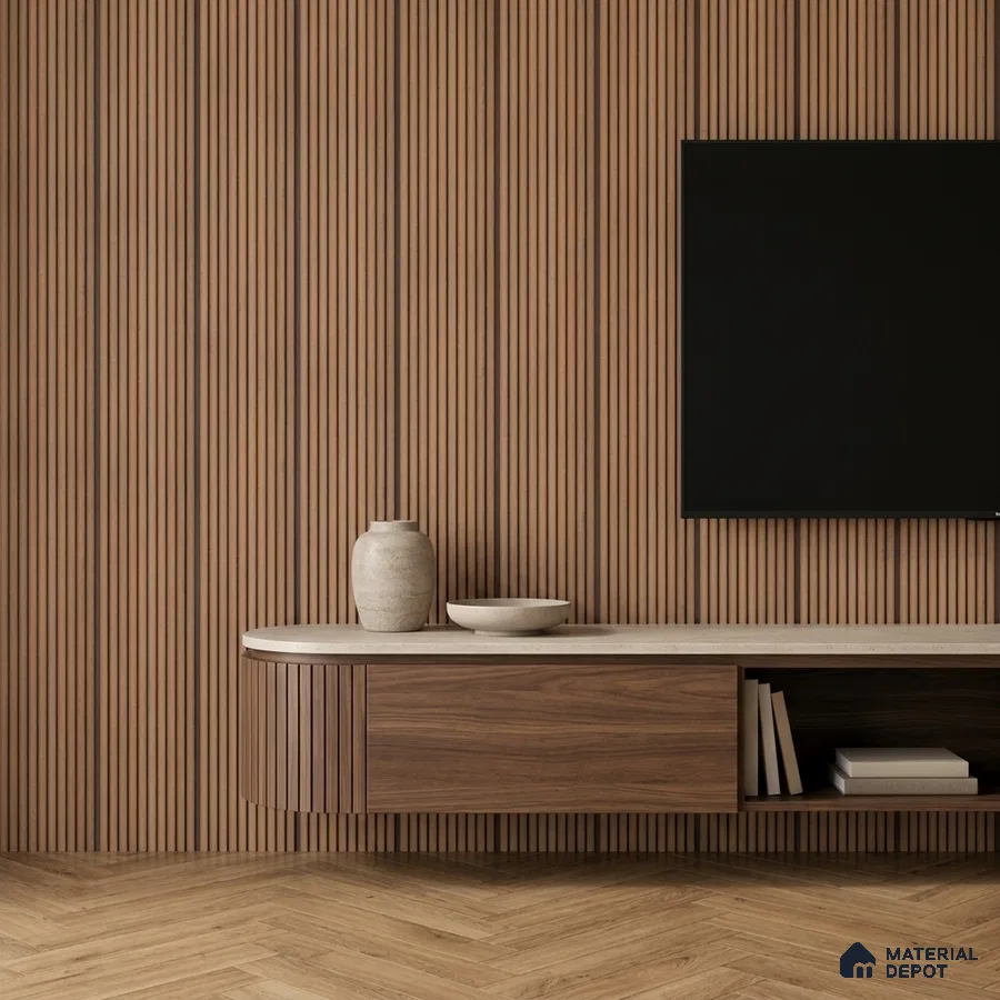 Minimalist TV unit with walnut wood laminate, fluted wall panels, and herringbone wooden flooring