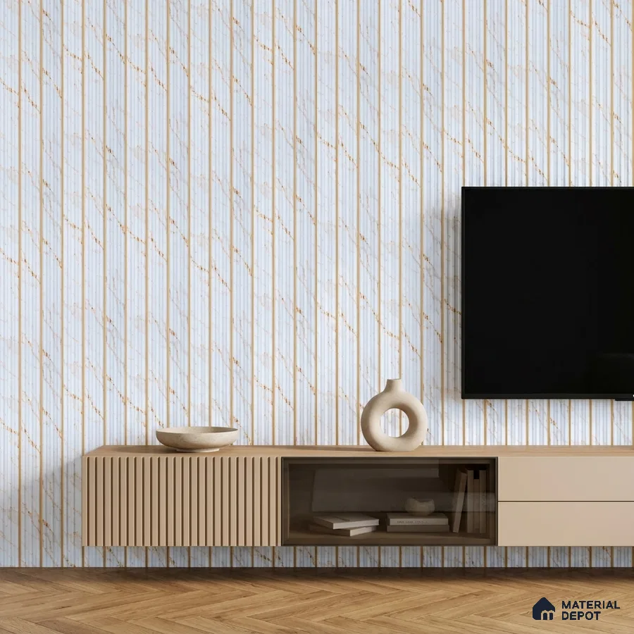 Modern TV unit with beige fluted laminate, marble-look fluted wall panels, and herringbone wood flooring