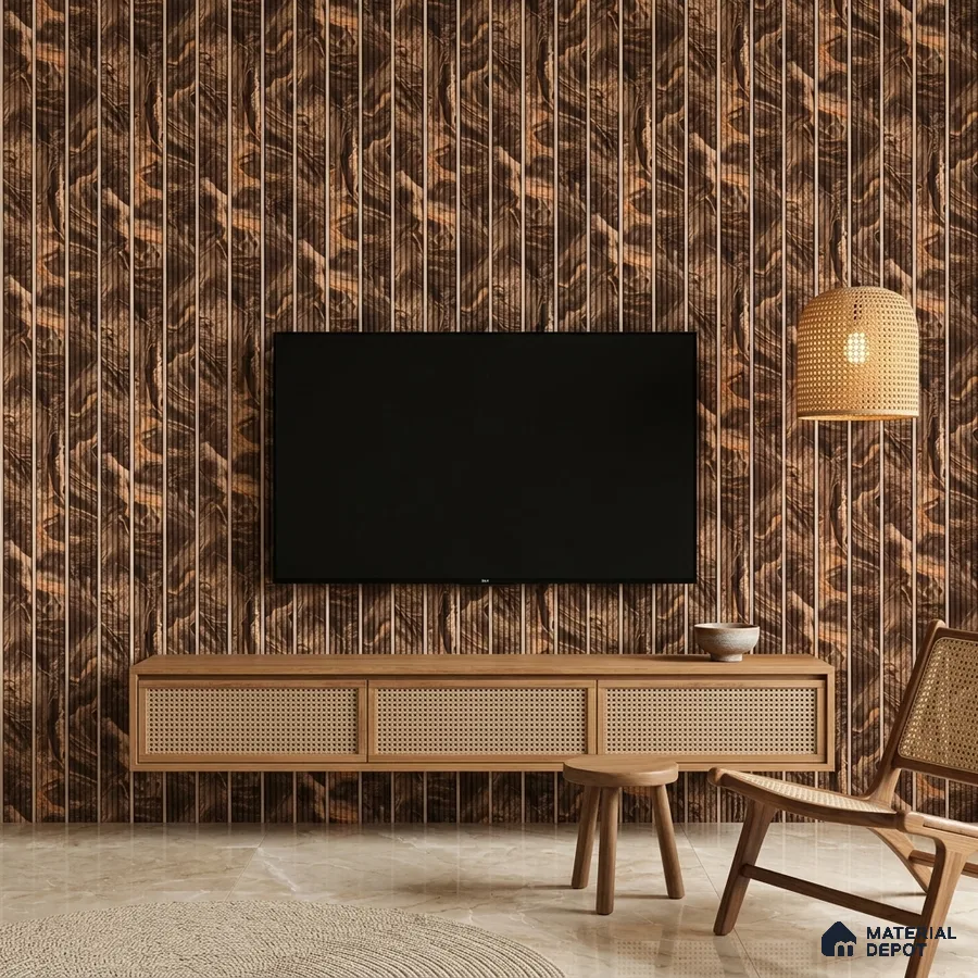 Mid-century modern living room with cane TV unit, patterned wood wall panels, and marble floor tile