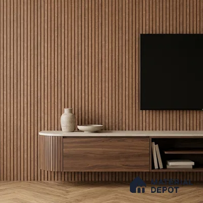 Minimalist TV unit with walnut wood laminate, fluted wall panels, and herringbone wooden flooring